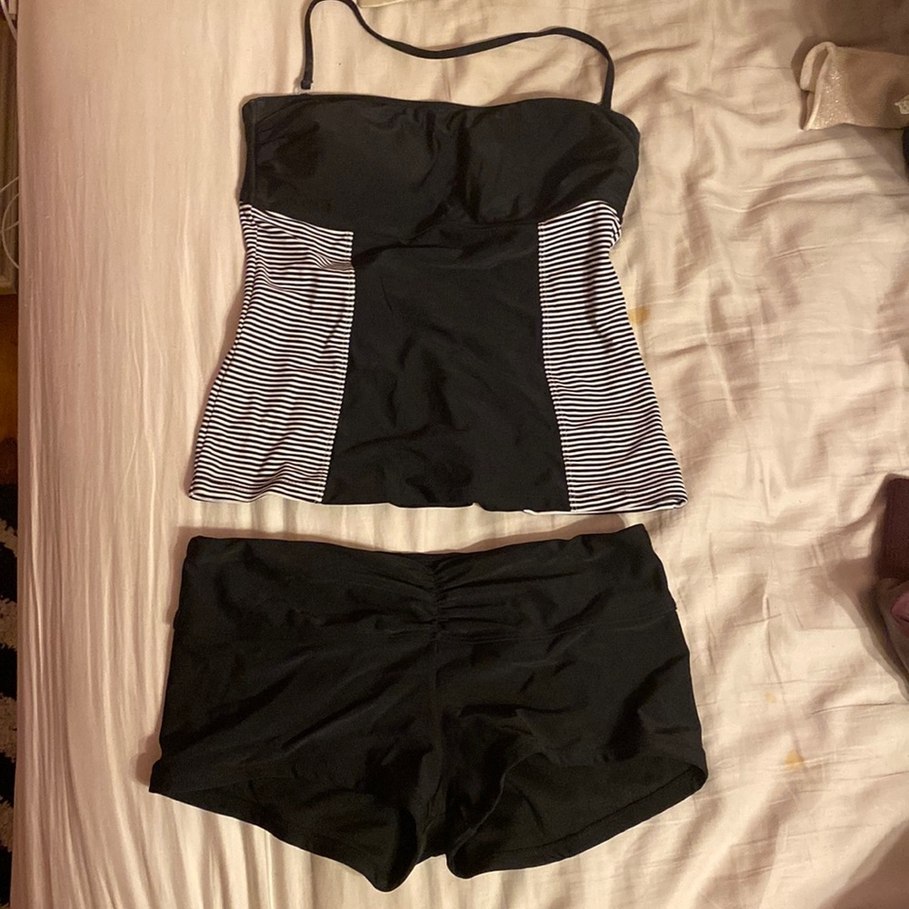 Black and White Swim Top and Black Swim Shorts